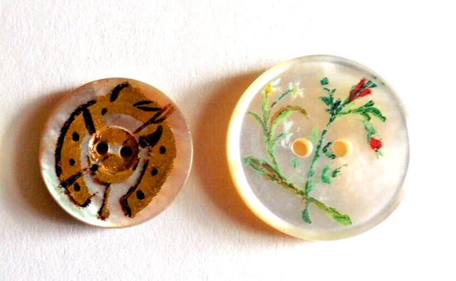 2 Vintage MOP Hand Painted Buttons - Horseshoe,  Floral, & Stripe - 3/4" & 7/8"