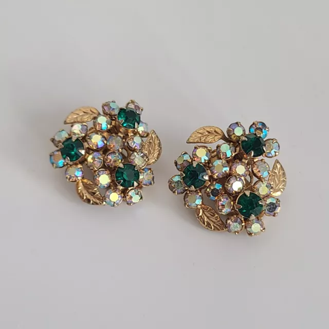 Weiss NY Clip Earrings Layered 3d Gold Tone Green & AB Stones Floral Spiral Leaf