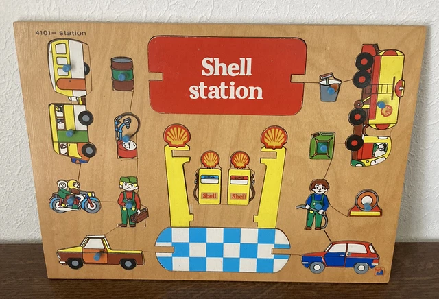 Vintage Rare Puzzle en bois Station Service Garage SHELL Marque Steinmeier Malta