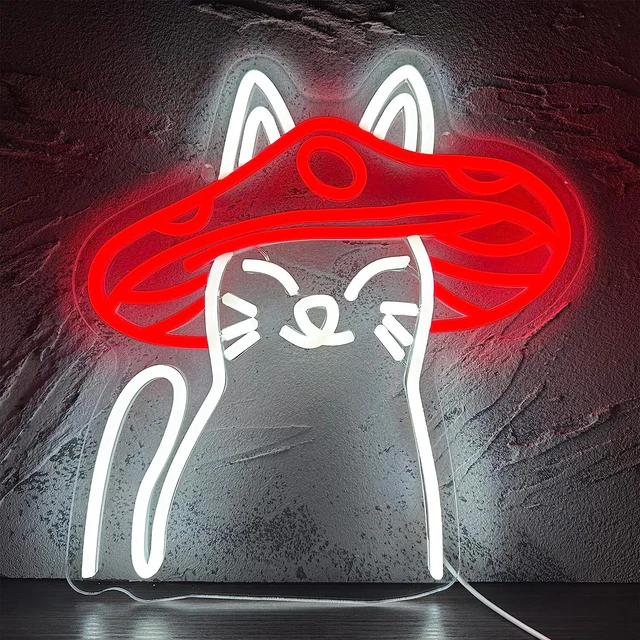 MUSHROOM CATS NEON Sign LED Lights for Wall Bedroom Decor Art Gift USB