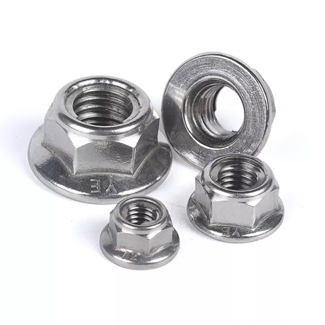 10x Flange Nut Locking Metal Hex Non-Slip Nut Stainless Steel M3 to M12 Silvery