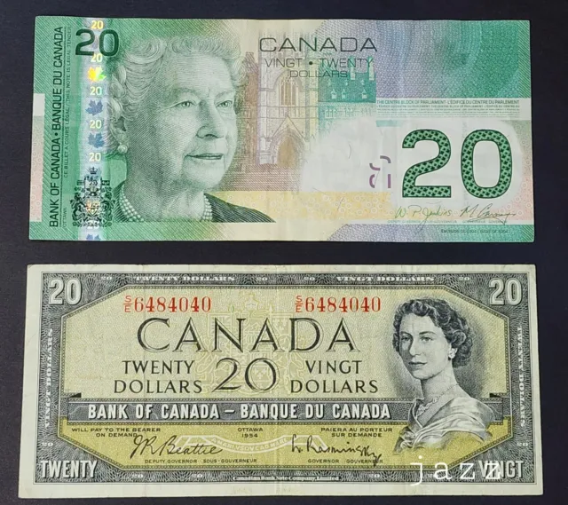 Rare Set Canadian Old Paper Banknotes $20 Dollar Bills 1954 & 2004