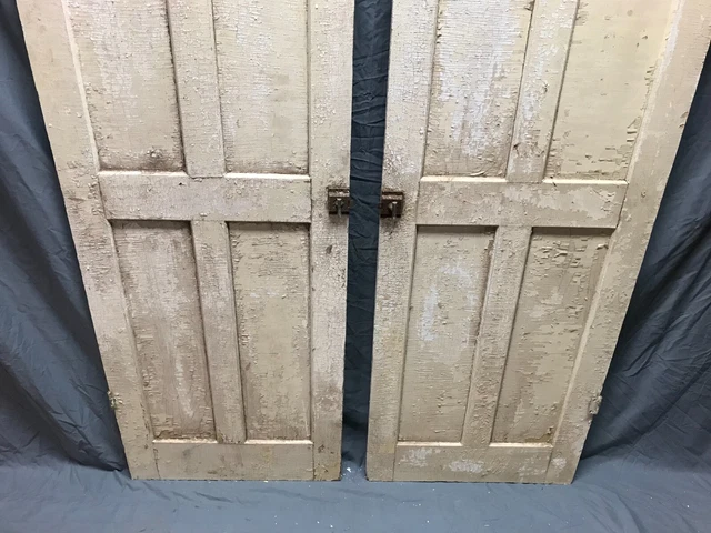 Pair Antique Wood 4 Panel Shabby White Cabinet Cupboard Doors VTG 21x60 188-23B 5