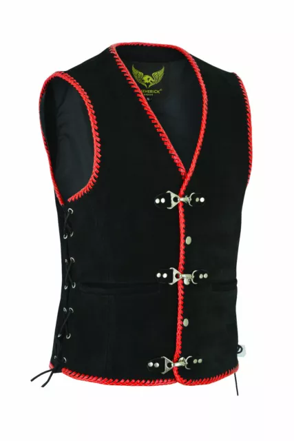 Mens Real Leather Suede Leather Vest Red Braided Black Motorcycle Clothing AUS