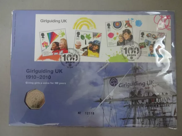 2010 50 p Coin GirlGuiding U.K. 1910 - 2010 P.N.C. First Day Cover.