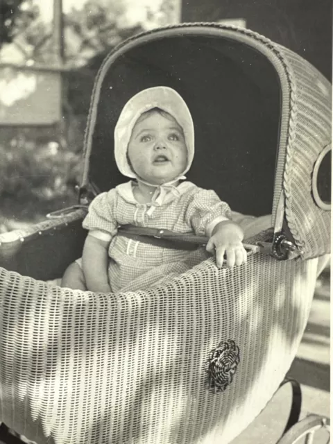 EE Photograph Baby Girl Wicker Buggy Carriage 1930's Portrait