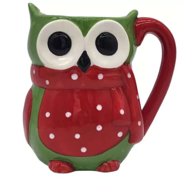 Vintage Holiday Christmas Owl Red Polka Dot Scarf Ceramic Tall Coffee or Tea Mug