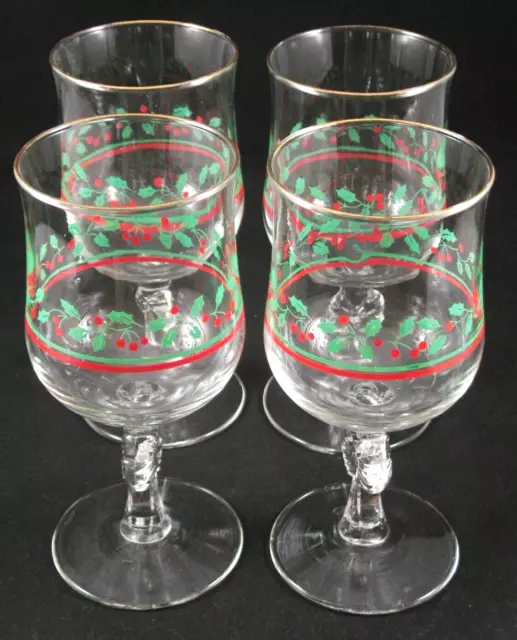 4 Arbys Christmas Holly Berry Wine Goblets Water Glasses Libbey Bow Stem Vtg