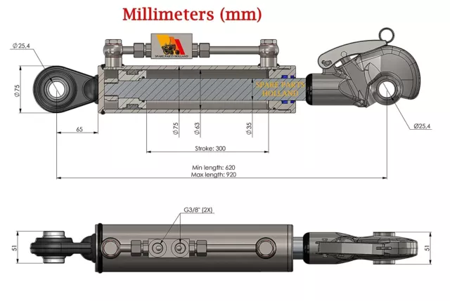 Hydraulischer Oberlenker Kat. 2+2 Fanghaken 300 mm Hub Sperrblock incl.Schläuche 2