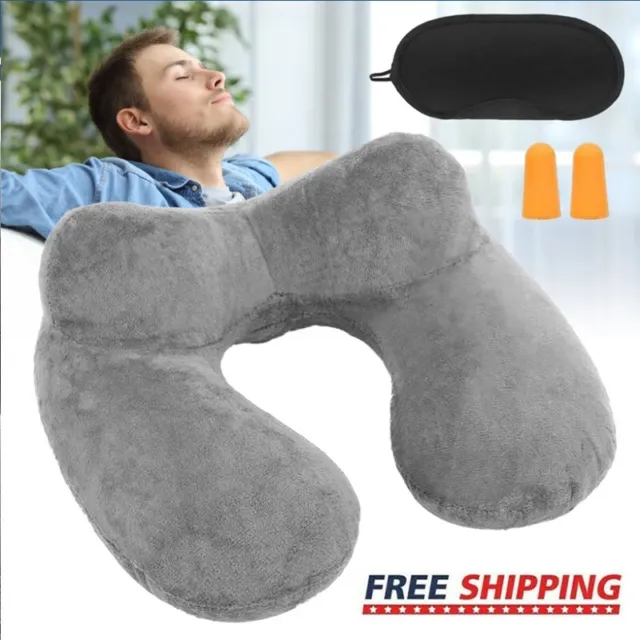 Inflatable Air Travel Pillow Airplane Office Nap Rest Neck Head Ear Plugs Mask