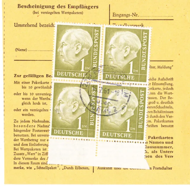 Bund Heuss I,  1 DM  Mi. 194 im 4er-Block mit UR gestempelt "Pfeddersheim"