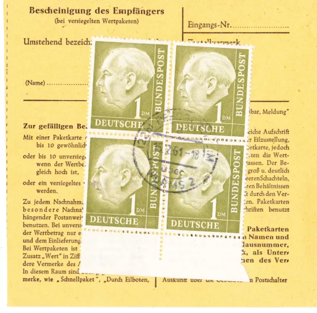 Bund Heuss I,  1 DM  Mi. 194 im 4er-Block mit UR gestempelt "Pfeddersheim"