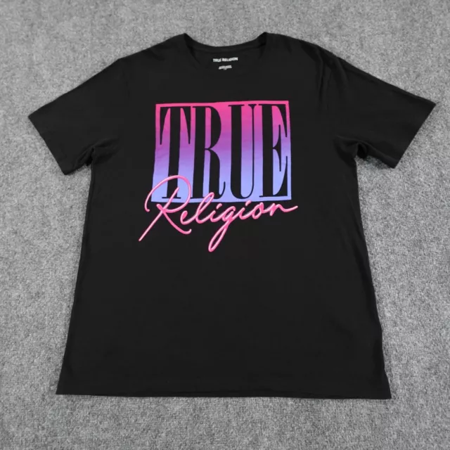 True Religion Shirt Men L Black Pink Purple Crew Neck Spell Out Tee Logo 8155
