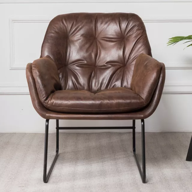 Mid-century Retro Distressed Tan Leather Chair Padded Accent Armchair Metal Legs