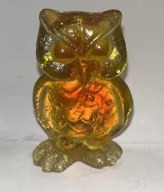 Vintage Kanawha Glass Owl Paperweight Orange Yellow 3.25” Tall