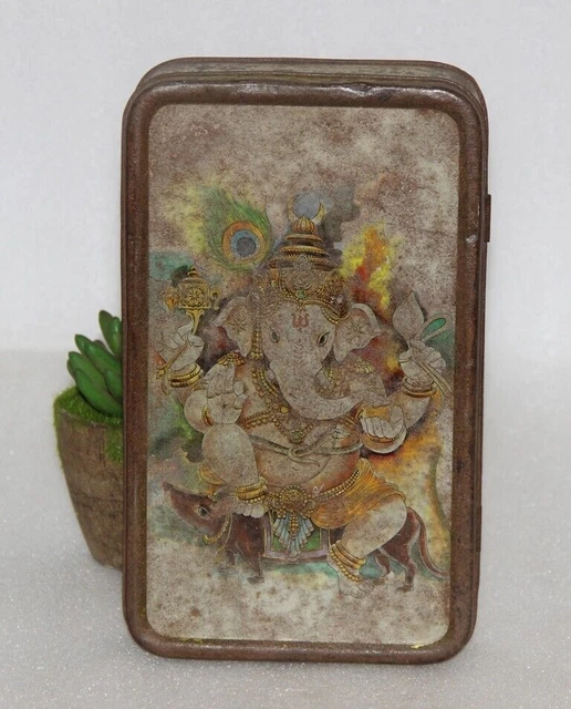 Vintage God Ganesha Vacío Litho Tin Box Old Original 14037