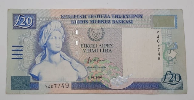 2001 - Central Bank Of Cyprus - £20 Liras / Pounds Banknote, Serial No. Y 407749
