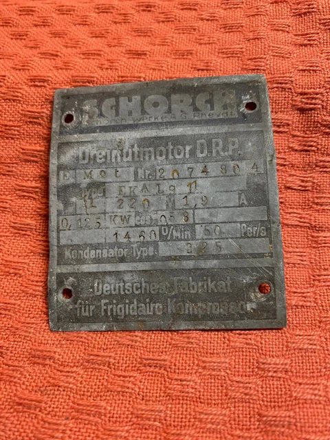 ALTES TYPENSCHILD SCHORS Dreinutmotor DRP Frigidairc Kompressor EUR 19 altes-typenschild-schors-dreinutmotor-drp-frigidairc-kompressor-eur-19