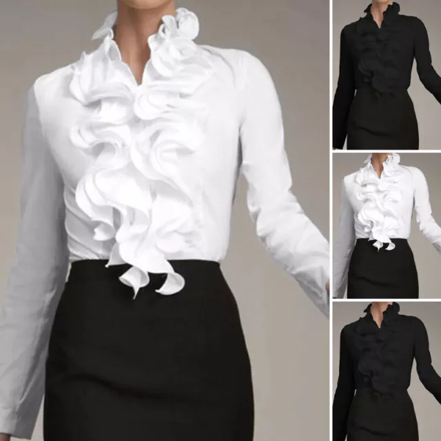 UK STOCK Womens Pleated Flared Long Sleeve Tops OL Office Work Shirt Blouse Top