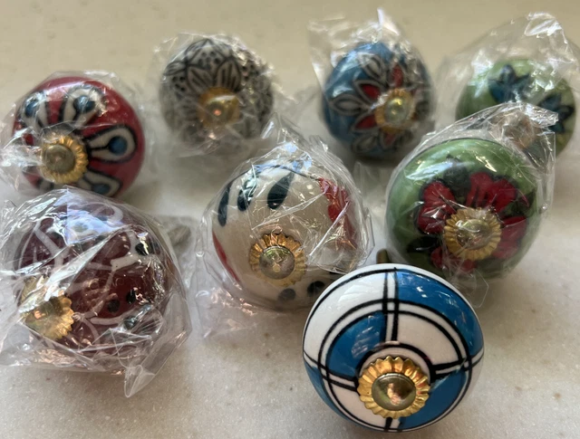 Lot of 8 Rasiya Dresser Cabinet Pull Knobs 1.5" Colorful Hand Painted Ceramic