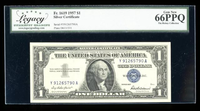 DBR 1957 Silver Gem Fr. 1619 YA Block Legacy 66 PPQ Serial Y91265790A