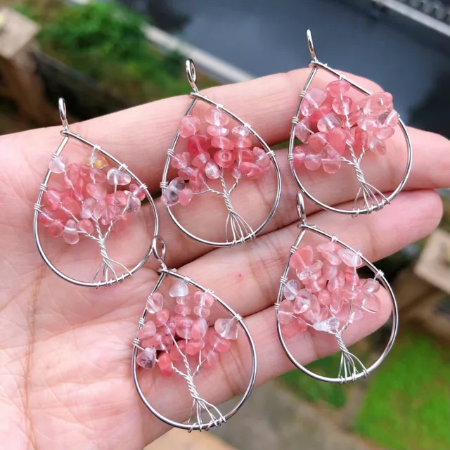5PCS Yoga Cheery Quartz Gems Stone Tree Of Life Pendants Reiki Healing Amulet
