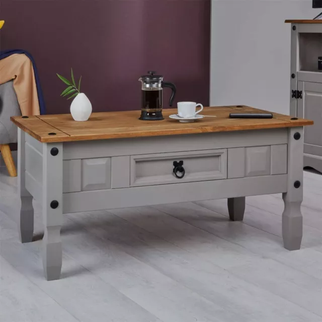 Mesa de centro de cera gris corona 1 cajón de madera maciza mesa ocasional, pino mexicano