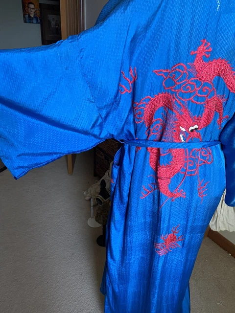 Vintage Antique Silk 3D Dragon Kimono Embroidered Robe blue and gold 1940