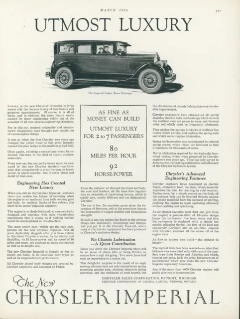 1926 Chrysler Imperial  Sedan 7 Passenger Utmost Luxury Vintage Print Ad HB1