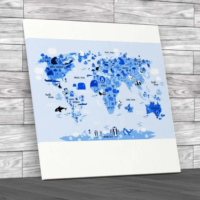 World Map With Animals Fun And Educational Kids' Blue Canvas Print Large