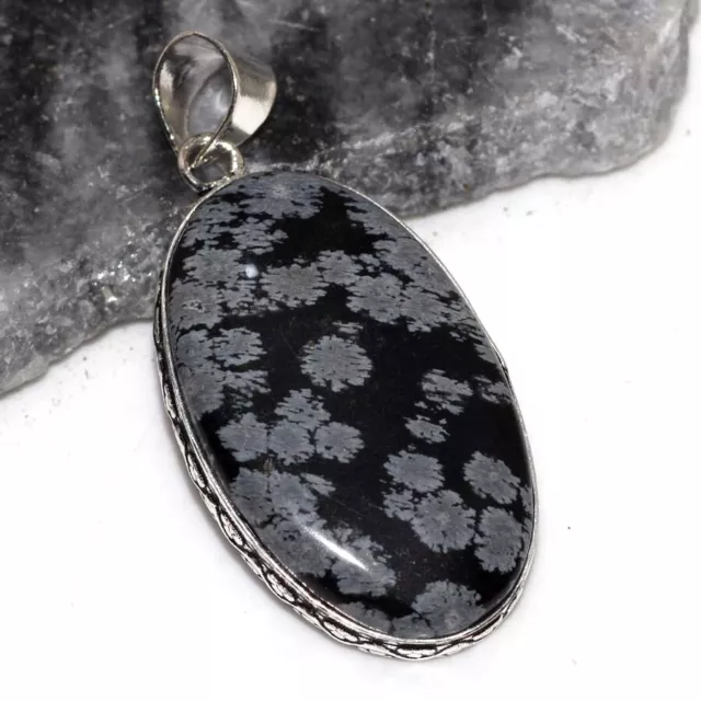 Flocon de Neige Obsidienne 925 Plaqué Argent Gemme Pendentif 2 " Mariage Gift GW