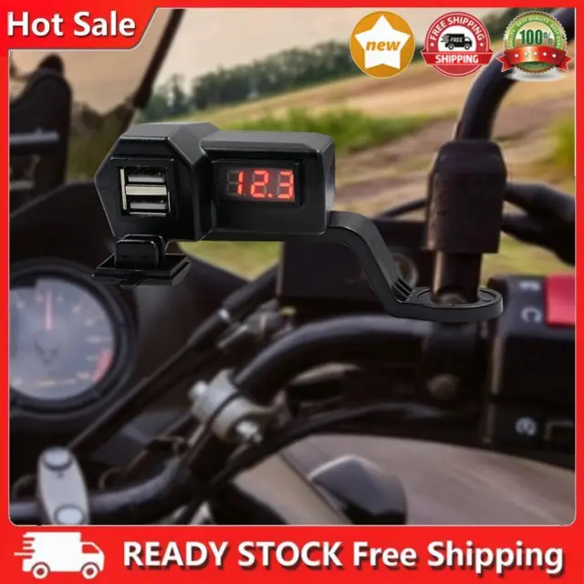 Motorcycle Handlebar Mirror 3.4A Dual USB Charger Adapter with Digital Voltmeter