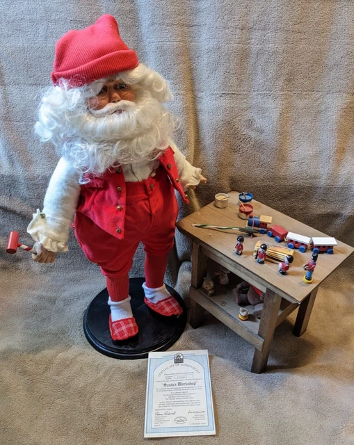 1990 Rhodes Studios Norman Rockwell Santa's Workshop Figure Doll and table 19.5"