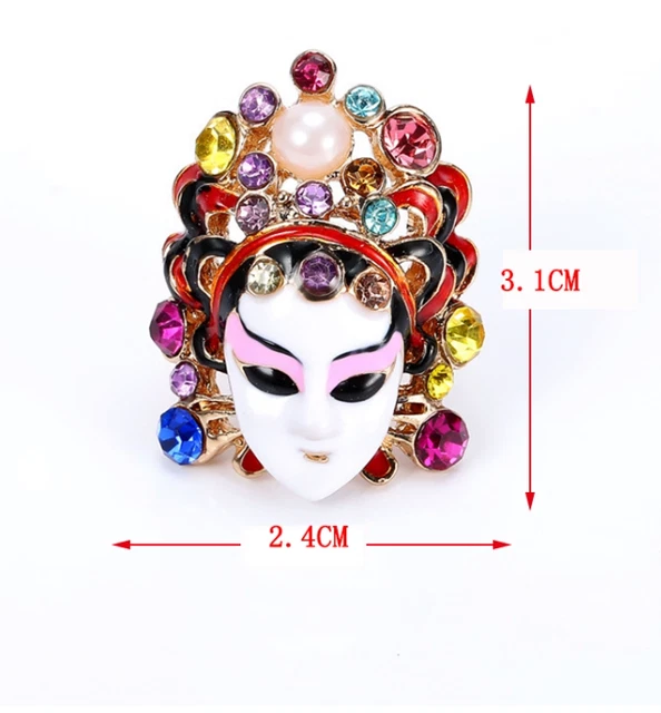 Chinese Style Opera Mask Ring Multicoloured Gems Adjustable Size Pink Eyes