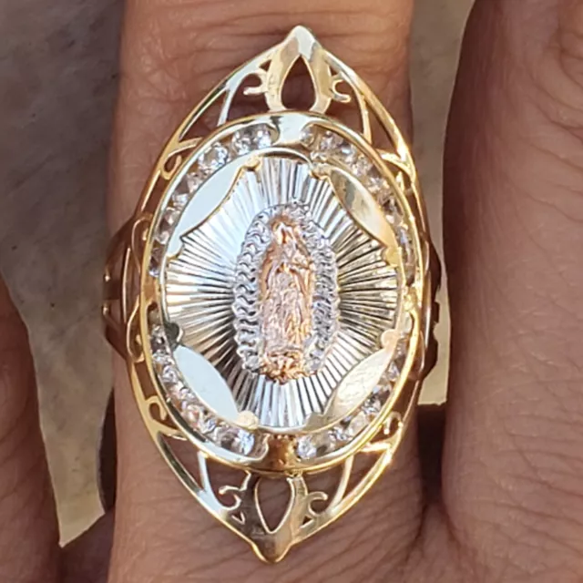 Big wide solid 14k yellow Gold virgin Mary guadalupe Ring Size 6 7 89 10 cz oval
