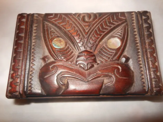Vintage Wooden Tiki Carved Treasure Box New Zealand Maori Paua Shell Eyes
