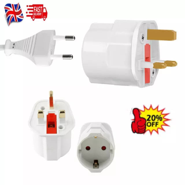 New 2-10x EU to UK Adapter 13A 2 Pin to 3 Pin Plug Mains Visitor Travel Adaptor