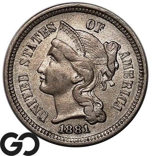 1881 Three Cent Nickel Piece, Choice AU Better Date ** Free Shipping!