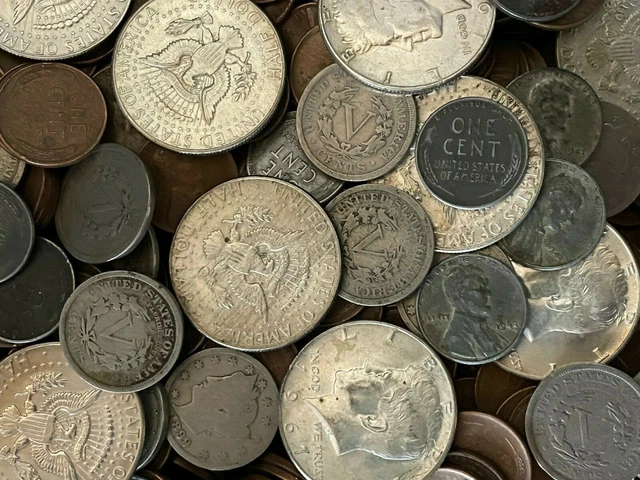 Coin Grab Bag Lot Of Old Silver Half Dollars Wheat Cents Steel Cents V Nickels