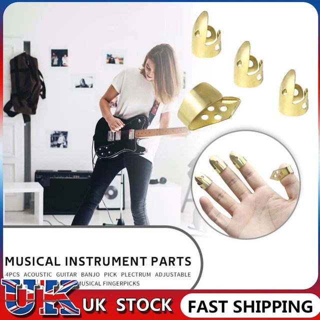 ❀ Adjustable 3 Finger Picks + 1 Thumb Pick Acoustic Guitar Banjo Pick (Gold)