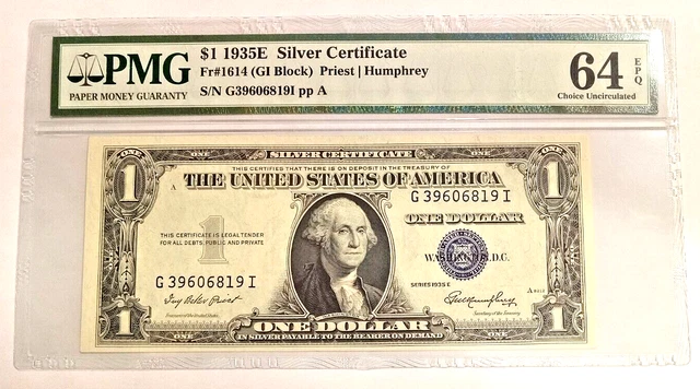 1935-E $1 Silver Certificate Fr#1614 (GI Block) PMG 64 EPQ Serial G39606819 I