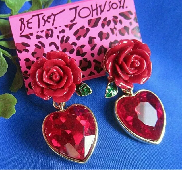 ROSE HEART Flower JEWEL Rhinestone VALENTINE'S Christmas Betsey Johnson Earrings