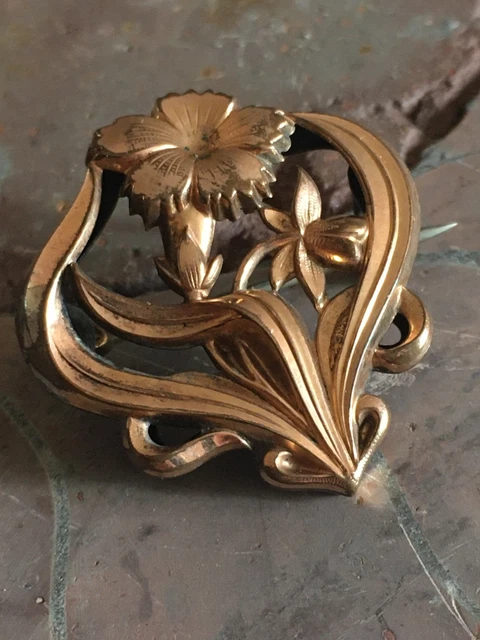 Broche Vintage Art Déco - Plaqué Or Jaune - Zircon - Motif Fleurs - Créateur