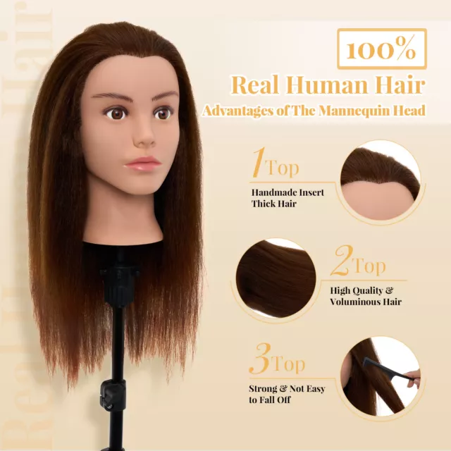 Training Head 100% Human Hair Hairdressing Cosmetology Manikin With Clamp Gift 3