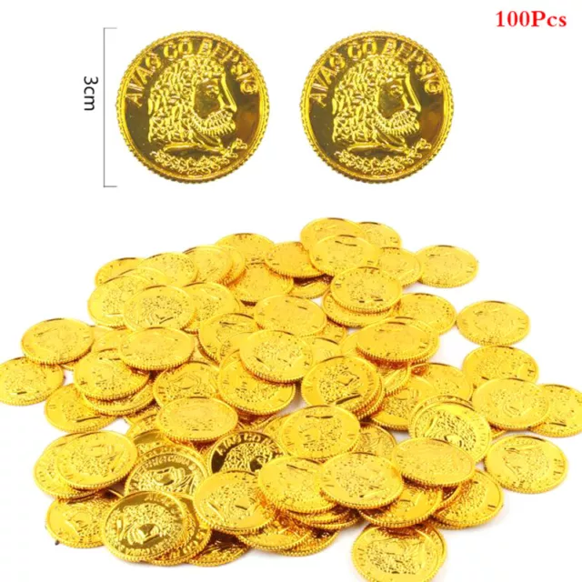 100Pcs/bag Gold Fake Coins Shining Pirates Plastic Coin Party Currency Toy Ga-EL