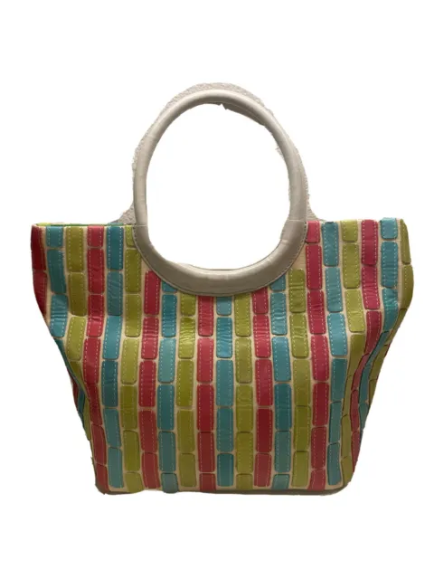 Sigrid Olsen Cream with Turquoise Lime pink Checkered Tote Bag