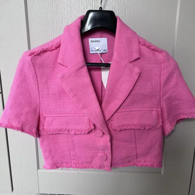 Bershka Faux Fur Cropped Bomber Hoodie Jacket bright Pink