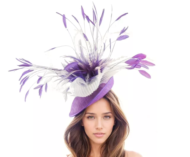Royal Purple White Feather Kentucky Derby Fascinator Hat Wedding Fascinators