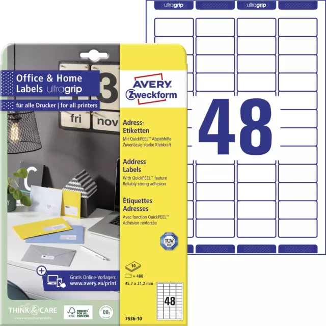 AVERY Zweckform 7636-10 Address Labels (480 Labels with Ultra Grip, 45.7 x 21.2