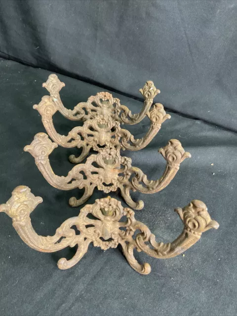 Antique Hall Seat Tree Double  Hooks W/Backplate Ornate  Cast Lot of 4